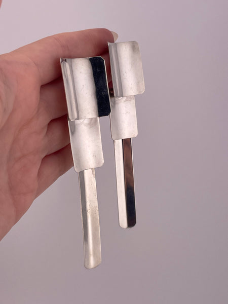 sterling silver large Mexican modern stoneless post dangle earrings