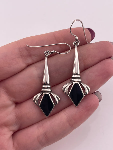 sterling silver onyx hook dangle earrings