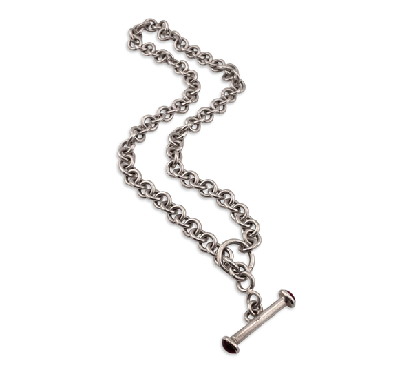 sterling silver heavy 76 grams red glass t-bar toggle clasp necklace