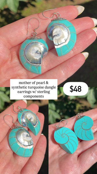 RESERVED PRIVATE LISTING -- sterling silver synthetic turquoise shell dangle earrings A16