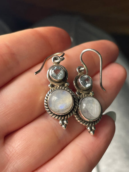 sterling silver rainbow moonstone faceted topaz hook dangle earrings ***Cracked Stone***