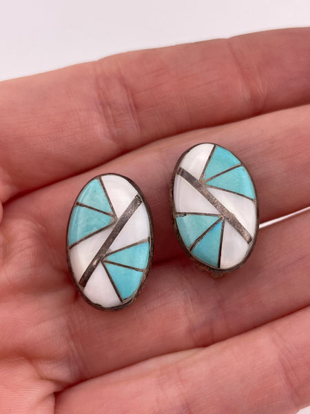 sterling silver multi-stone inlay mother of pearl & turquoise clip on earrings