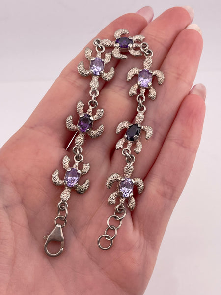 sterling silver 7 1/4" faceted purple glass sea turtle link bracelet