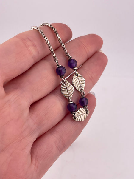 sterling silver 16" or 18-1/4"  amethyst leaf necklace