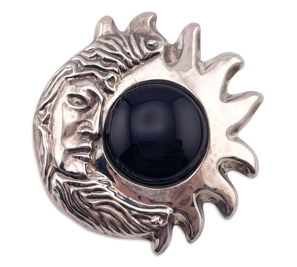 sterling silver Taxco Mexico large onyx sun & moon pendant / brooch