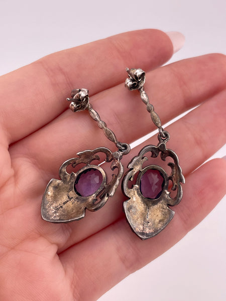 sterling silver marcasite & faceted amethyst pendulum post dangle earrings