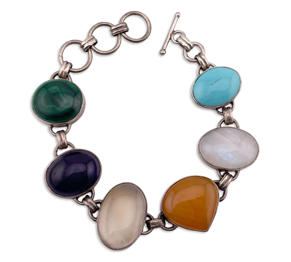 sterling silver 7-1/2" to 9" chunky multi-stone link bracelet
