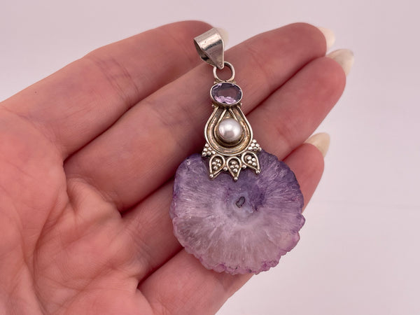 sterling silver amethyst slice & pearl pendant