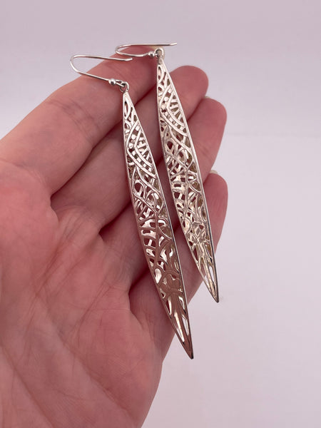 sterling silver long stoneless cut-out dangle earrings