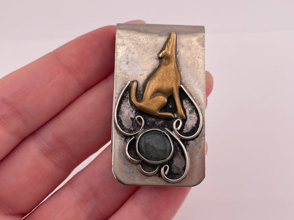 nickel silver & brass howling wolf agate money clip **AS IS**