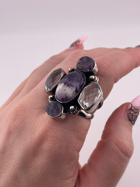 size 8 sterling silver raw amethyst faceted quartz ring