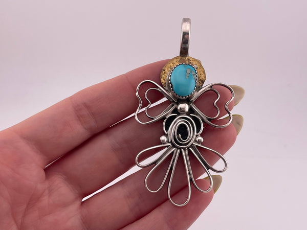 sterling silver & brass R. Chee turquoise pendant