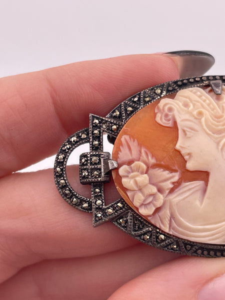 sterling silver carved shell cameo marcasite brooch