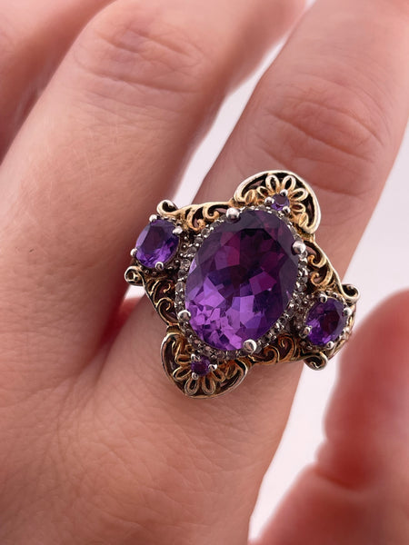 size 7.5 sterling silver gold wash faceted purple glass ring