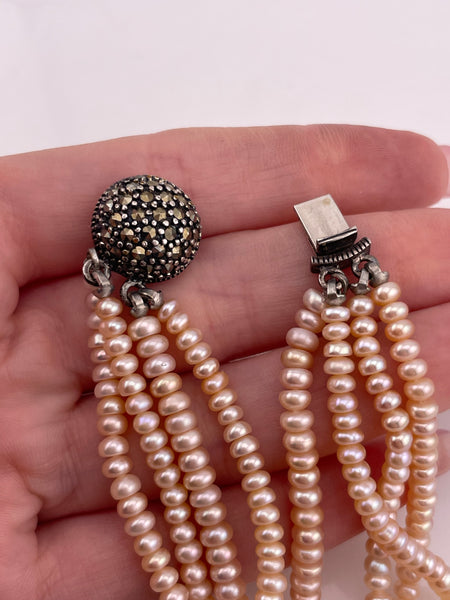 sterling silver marcasite quadruple strand synthetic pearl beaded necklace