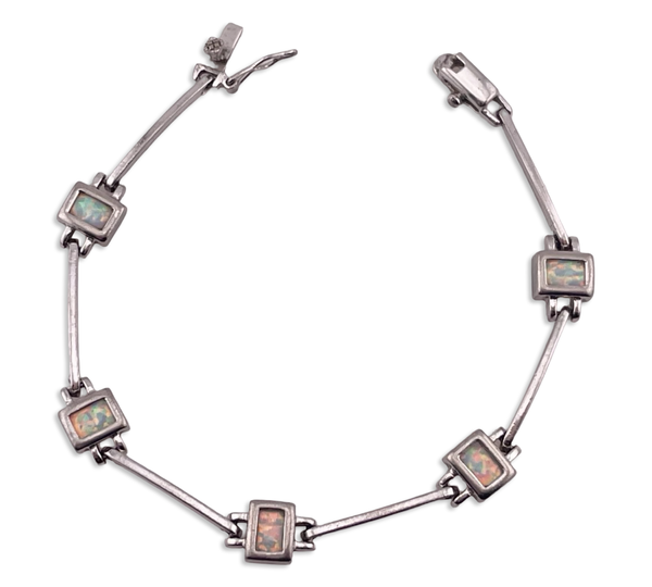 sterling silver 7" synthetic opal link bracelet