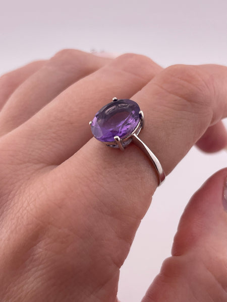 size 7.75 sterling silver faceted oval amethyst prong setting ring