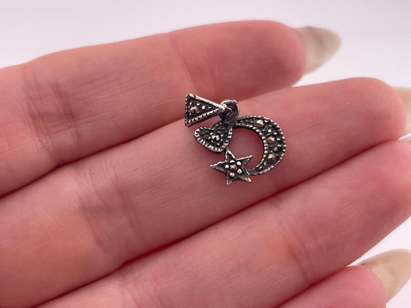 sterling silver small marcasite moon star heart pendant