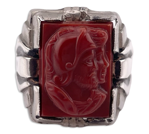 size 9.5 sterling silver rhodium plated molded plastic knight cameo Art Deco style ring