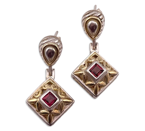 sterling silver & gold plated faceted garnet door-knocker post dangle earrings