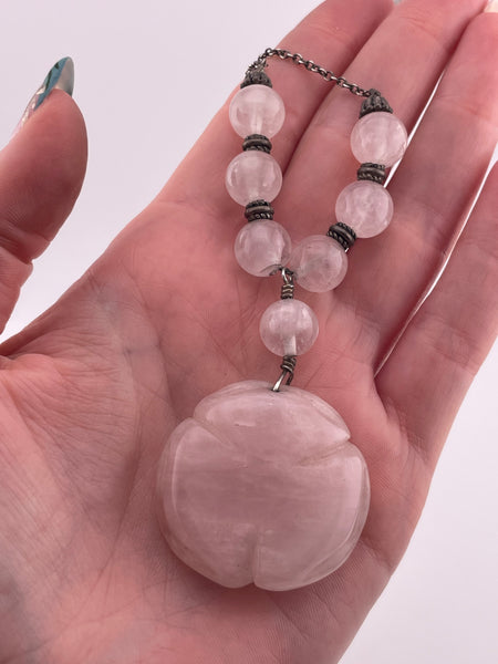 sterling silver 16 1/4" carved rose quartz flower necklace