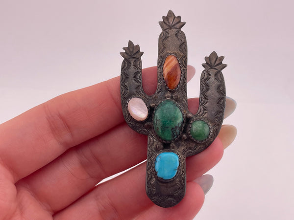 sterling silver multi-stone stamped cactus pendant brooch