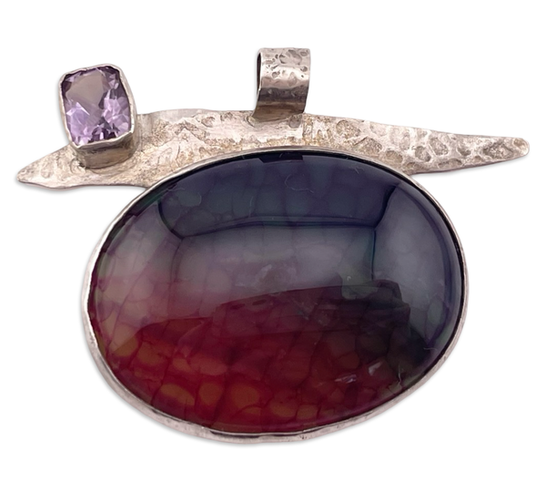 sterling silver artisan dragon scale agate faceted amethyst pendant