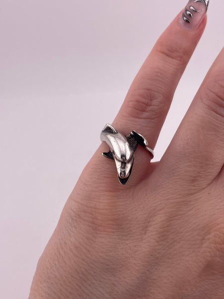 size 5.5 sterling silver dolphin red bead ring