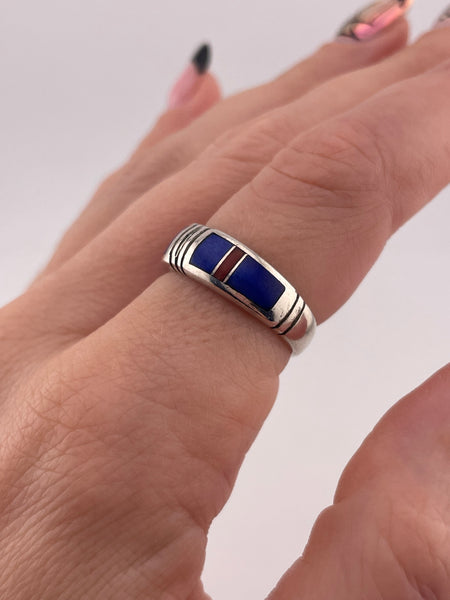 size 7.25 sterling silver Ray Tracey lapis coral inlay band ring