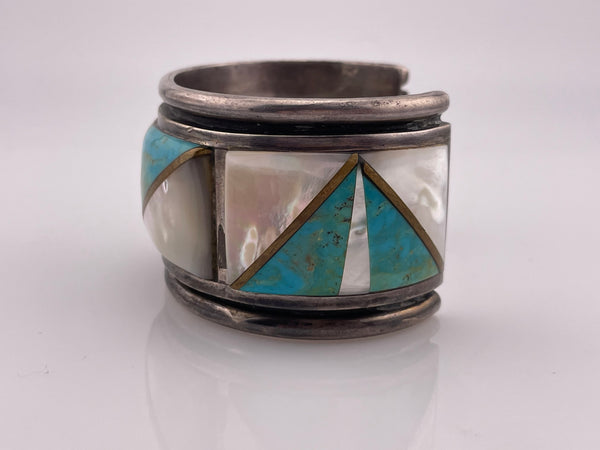 sterling silver heavy turquoise, mother of pearl, & brass inlay cuff bracelet