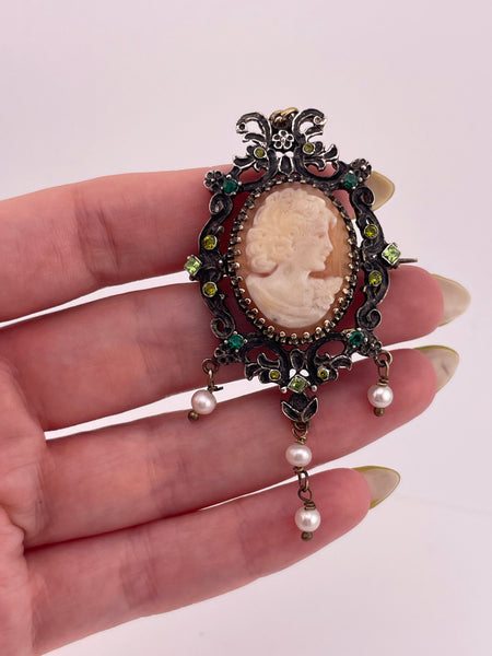 sterling silver 2-1/2" faceted glass faux pearl cameo pendant brooch combo ***AS IS***