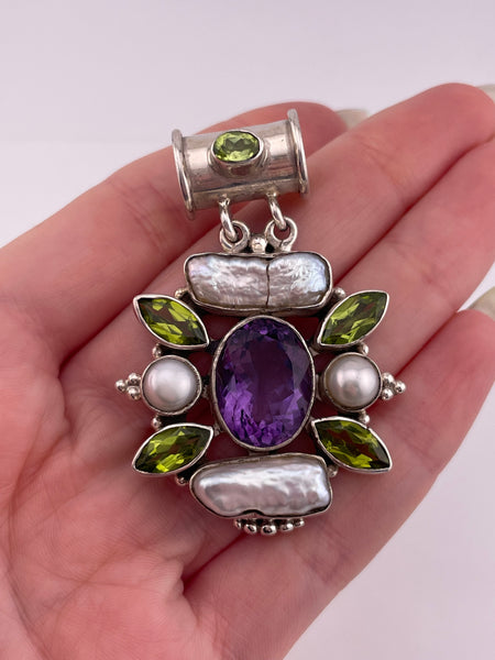 sterling silver faceted amethyst peridot pearl pendant