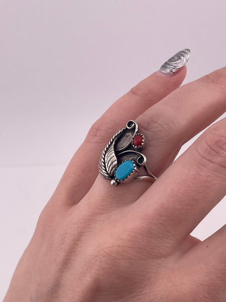 size 6.75 sterling silver turquoise & coral ring