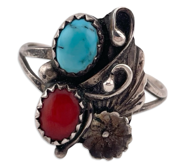 size 8.25 sterling silver turquoise & coral ring