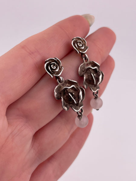 sterling silver rose quartz flower post dangle earrings
