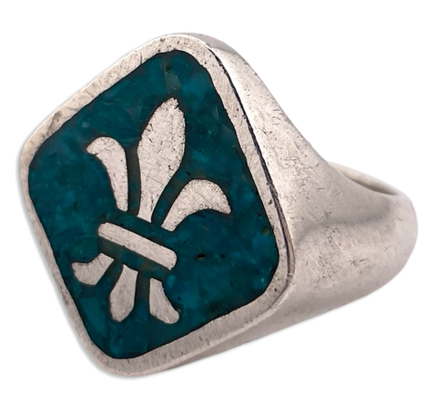 size 10.5 sterling silver fleur-de-lis crushed turquoise ring