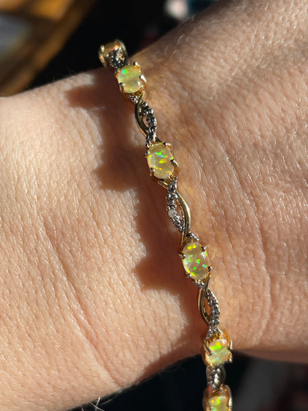 sterling silver 7-1/2" gold plated opal single diamond link bracelet