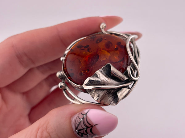 sterling silver round amber leaf brooch pin