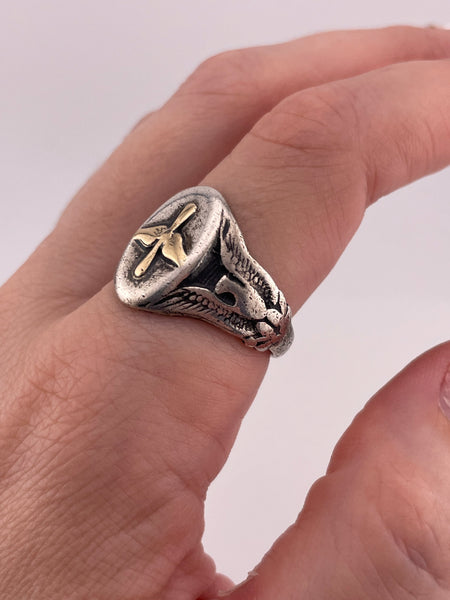 size 10.25 sterling silver & 14k gold eagle signet ring **AS IS**