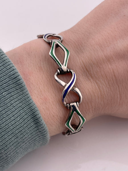 sterling silver 7" green & blue enamel link bracelet