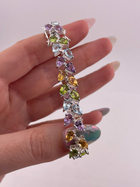 sterling silver faceted multi-gemstone link bracelet