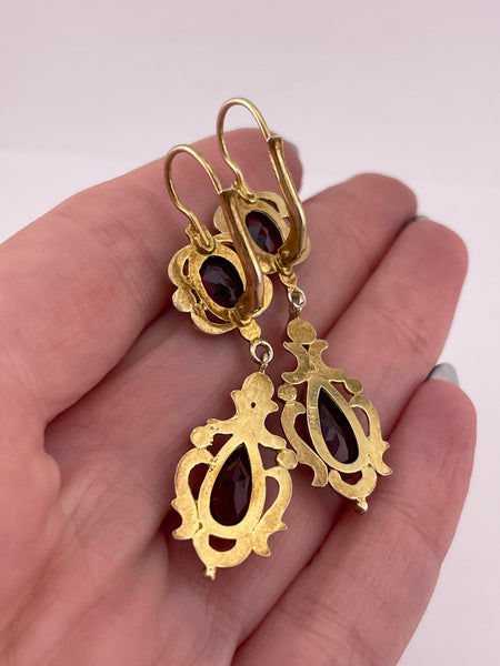 sterling silver gold wash faceted garnet pearl hook dangle earrings