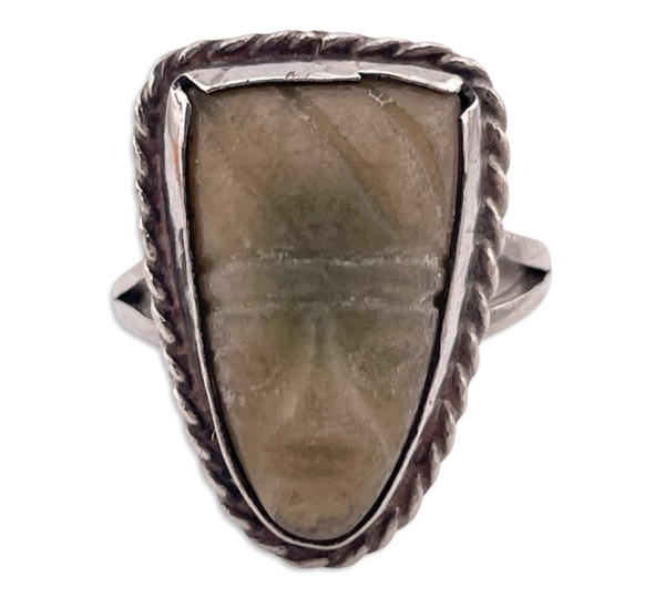 size 7 sterling silver Mexican carved jade face mask ring