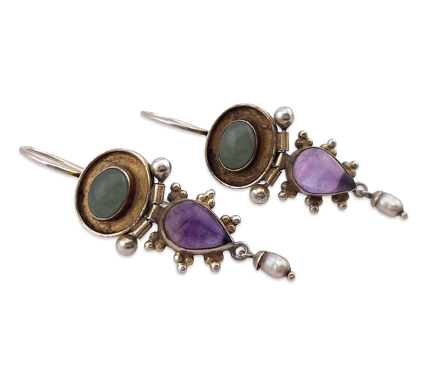 sterling silver gold wash amethyst, jade, & pearl dangle earrings