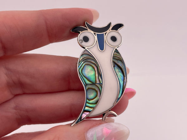 sterling silver abalone resin owl brooch pin