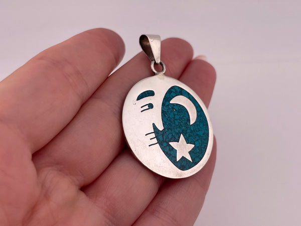 sterling silver Mexican crushed turquoise crescent man in the moon pendant