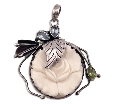 sterling silver faceted topaz & peridot carved resin flower pendant