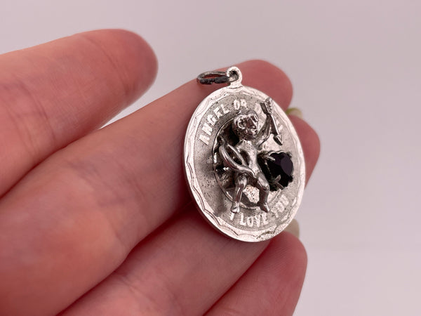 sterling silver rhodium plated "Angel of Devil I Love You" plastic heart pendant