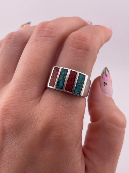 size 9.5 sterling silver crushed turquoise coral ring