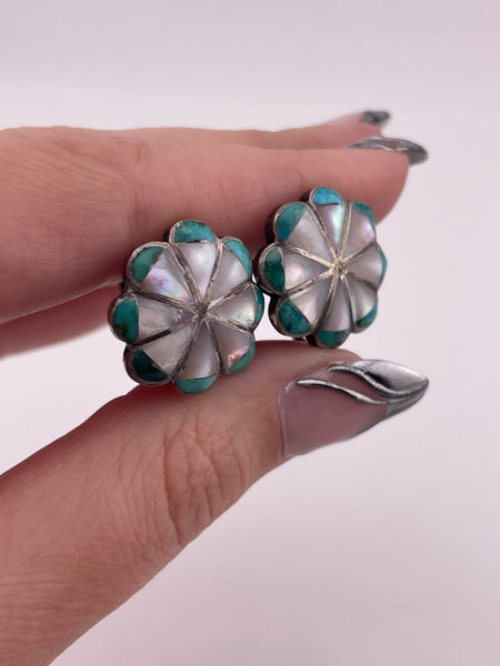 sterling silver mother of pearl turquoise screw-back earrings